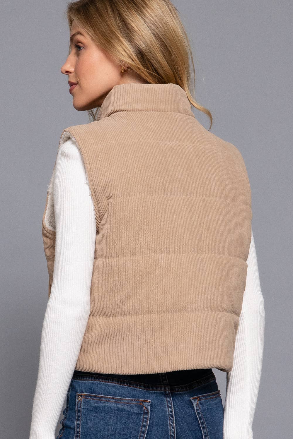 Inner Faux Fur Zip Up Corduroy Puffer Vest