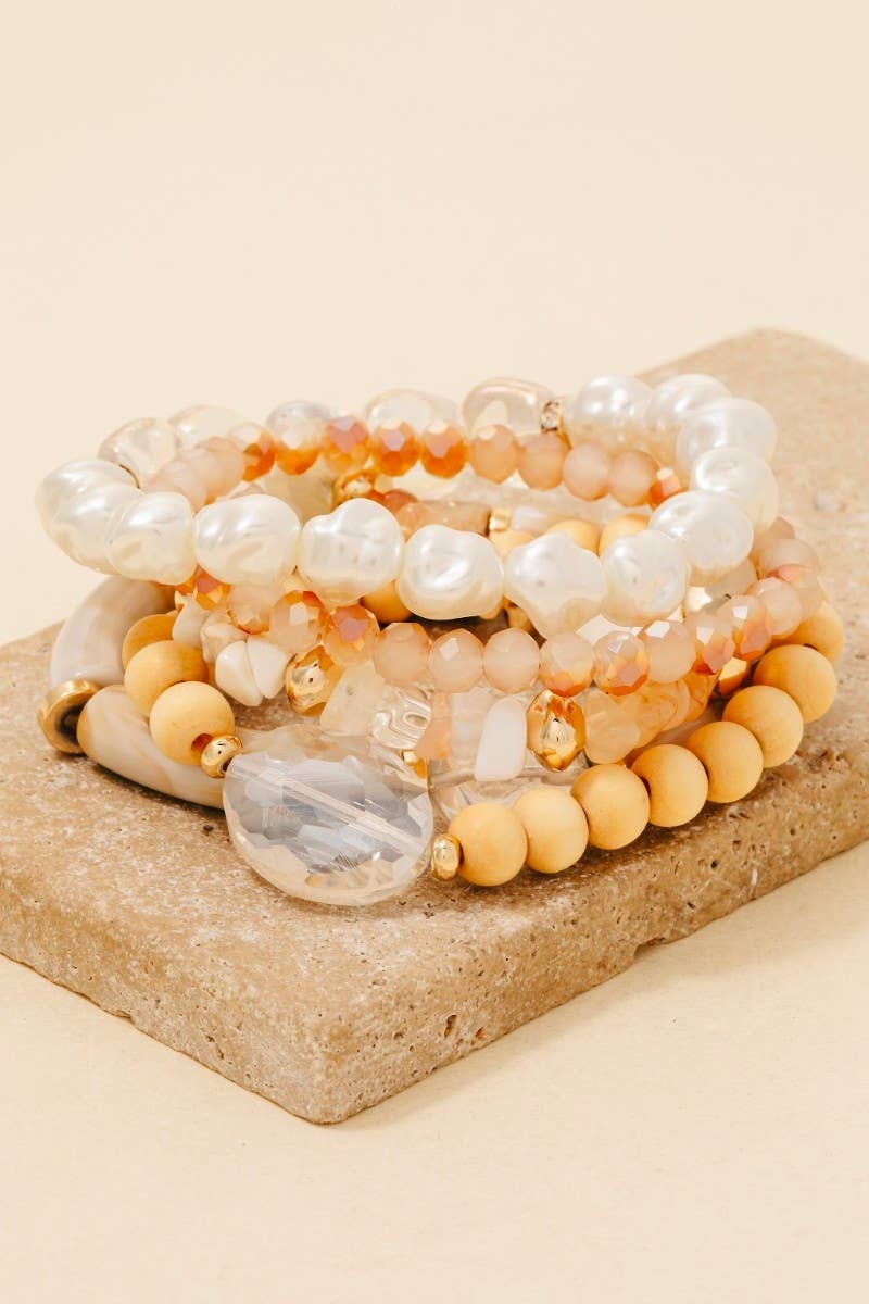 Pearl Stone And Wood Beaded Bracelet Set
