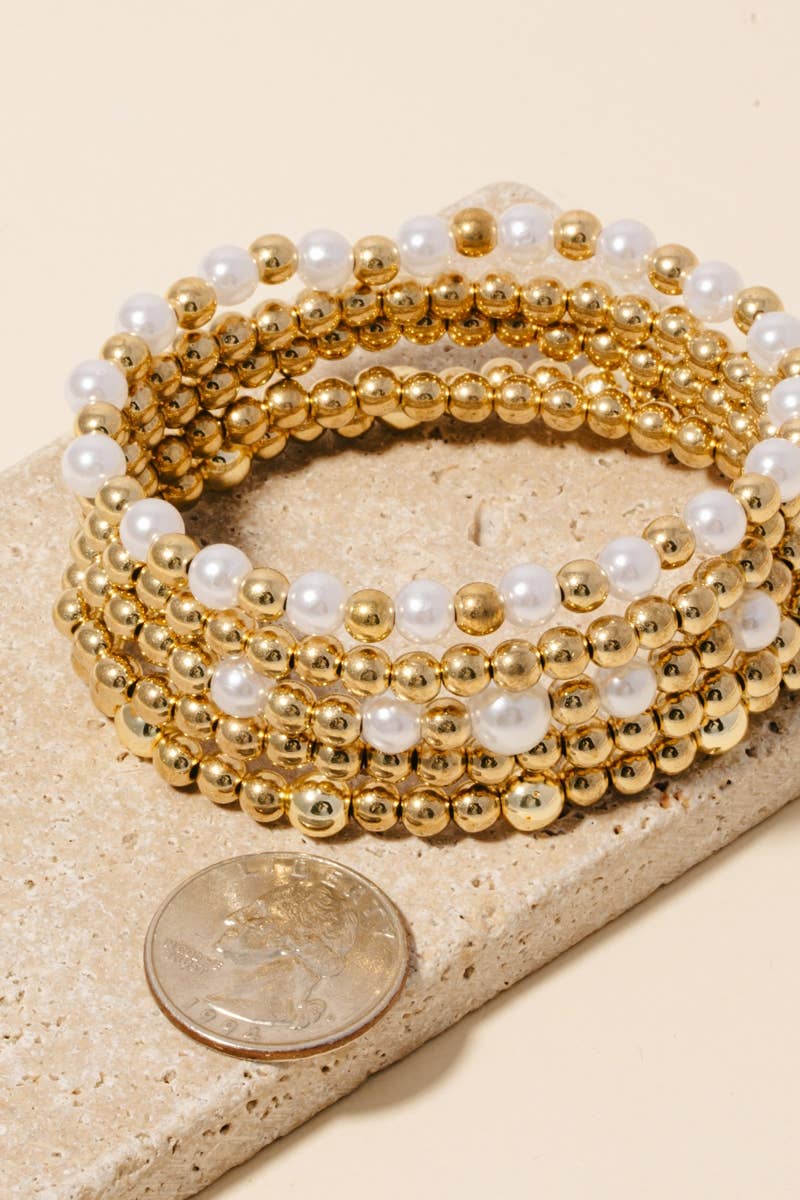 Mixed Pearl And Metallic Beaded Bracelet Set