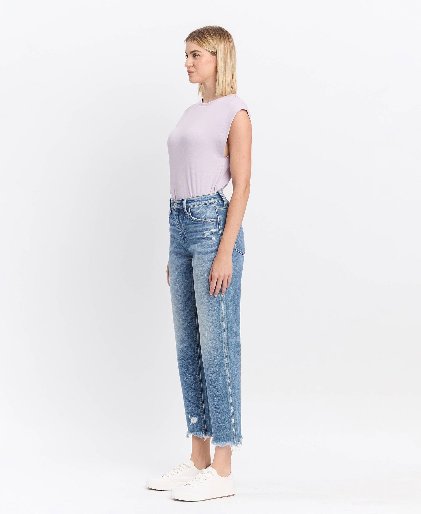 High Rise Frayed Hem Straight Jeans
