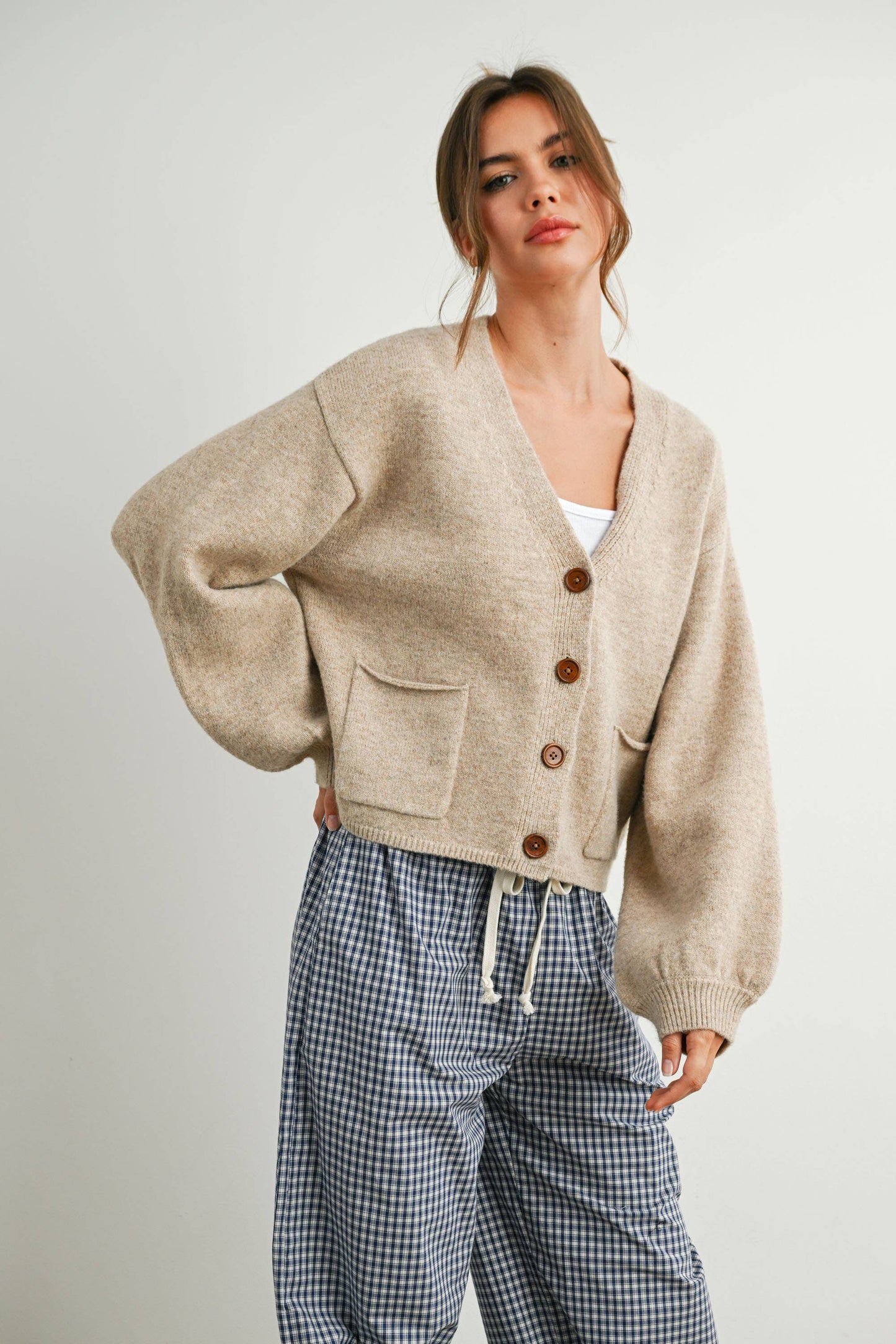 V-Neck Cuff Button-Up Long Sleeve Top