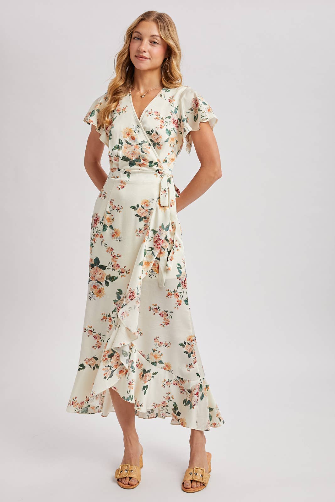 Floral Print Ruffled Wrap Maxi Dress