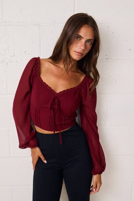 Romantic Sheer Sleeve Top With Sweetheart Neckline