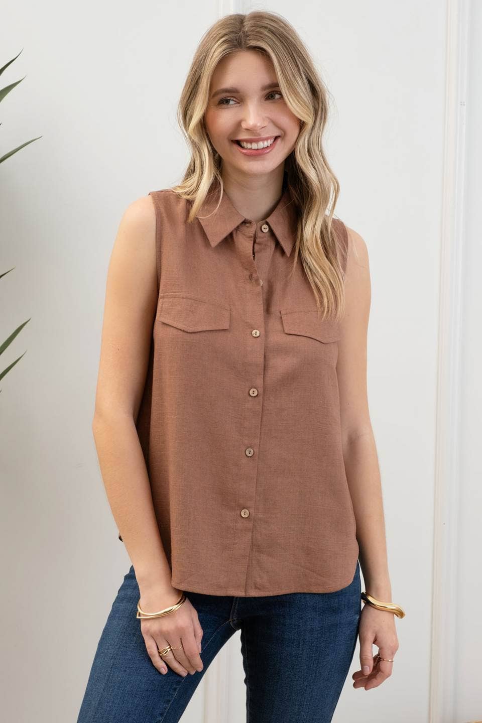 Collared Button Down Sleeveless Shirt