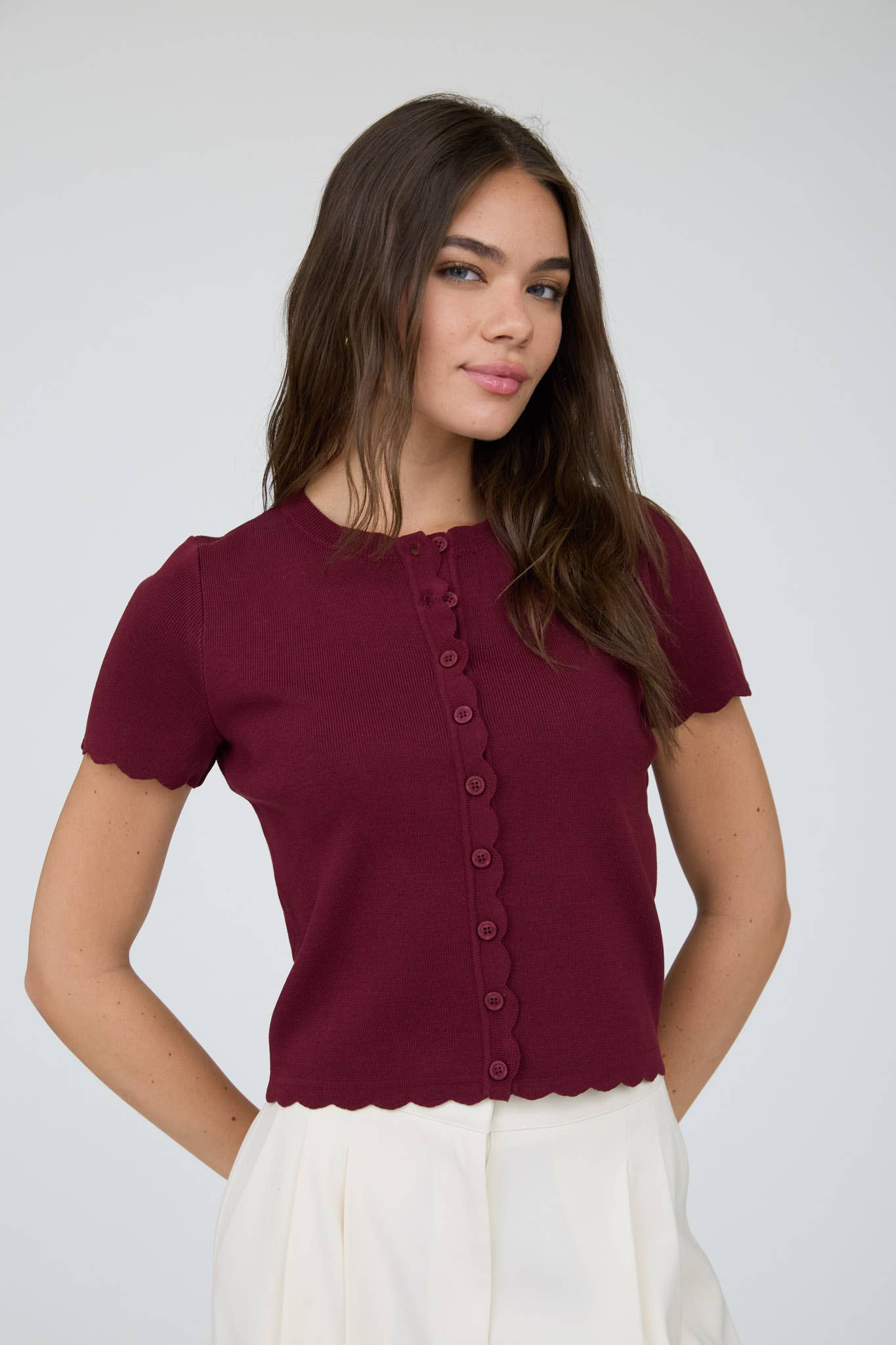 Scallop Trim Button-Down Knit Cardigan