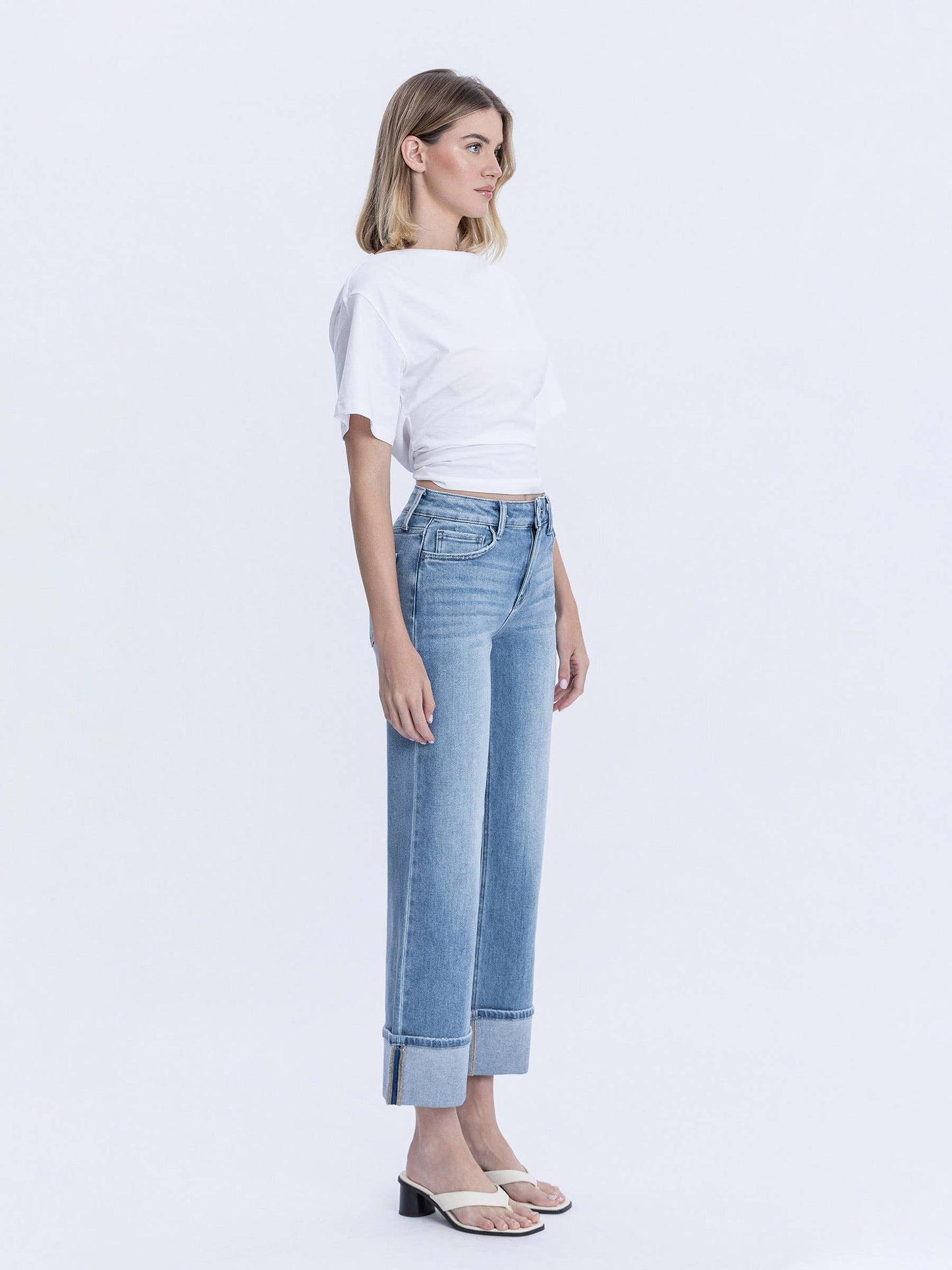 High Rise Medium Light Wash Cuffed Slim Wide Jeans