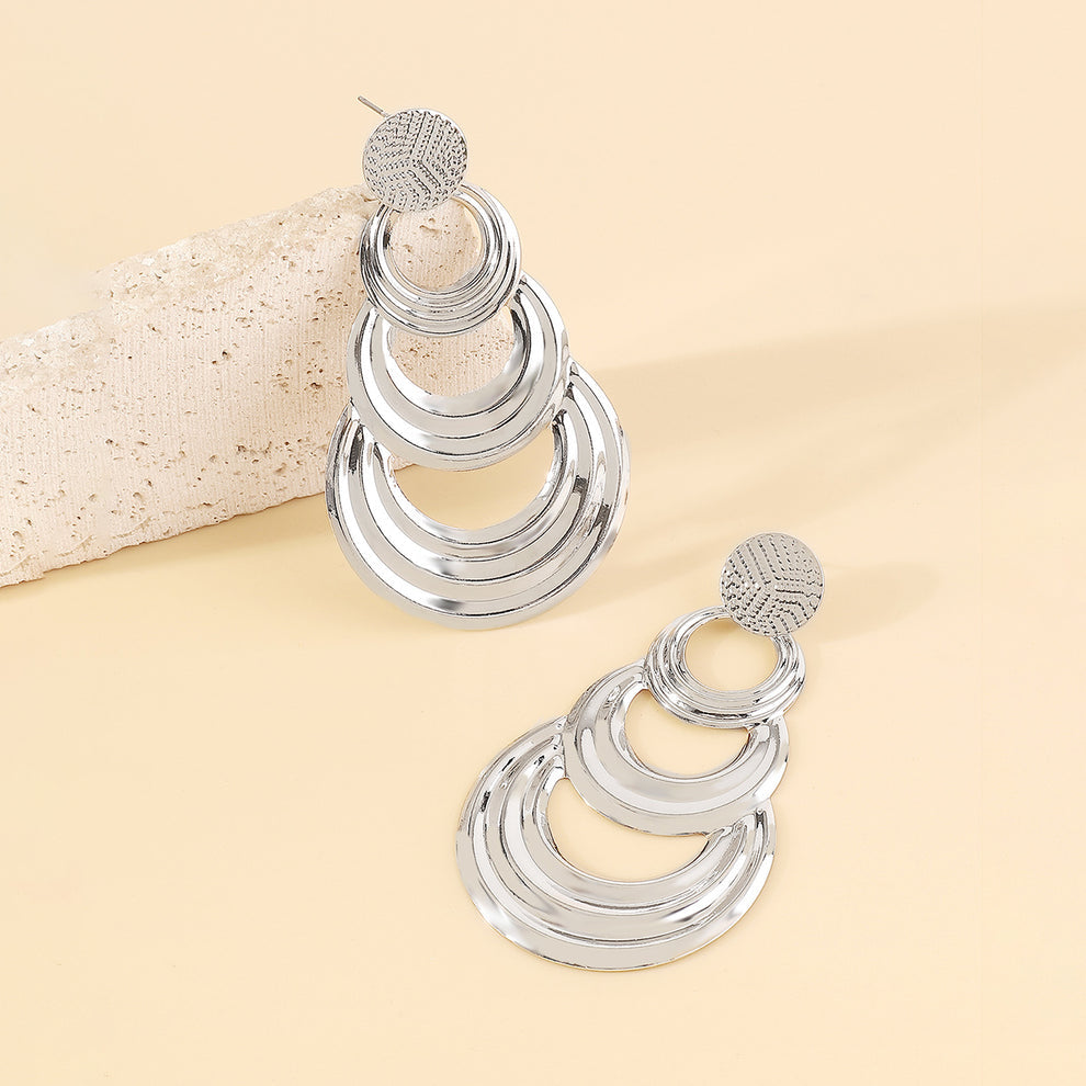 Layered Round Metal Drop Earrings