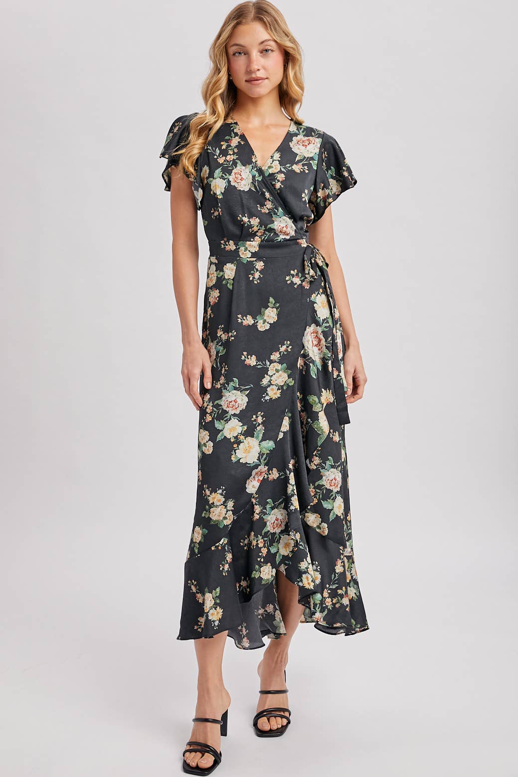 Floral Print Ruffled Wrap Maxi Dress