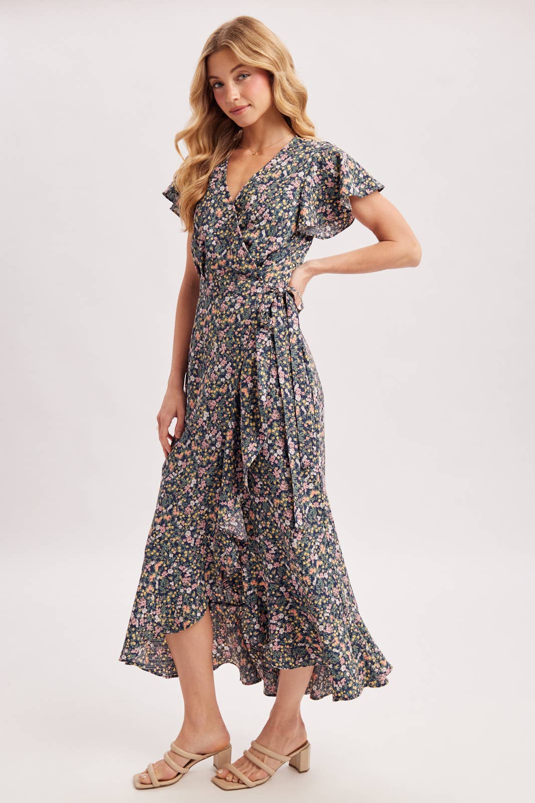 Floral Print Ruffled Hem Wrap Maxi Dress