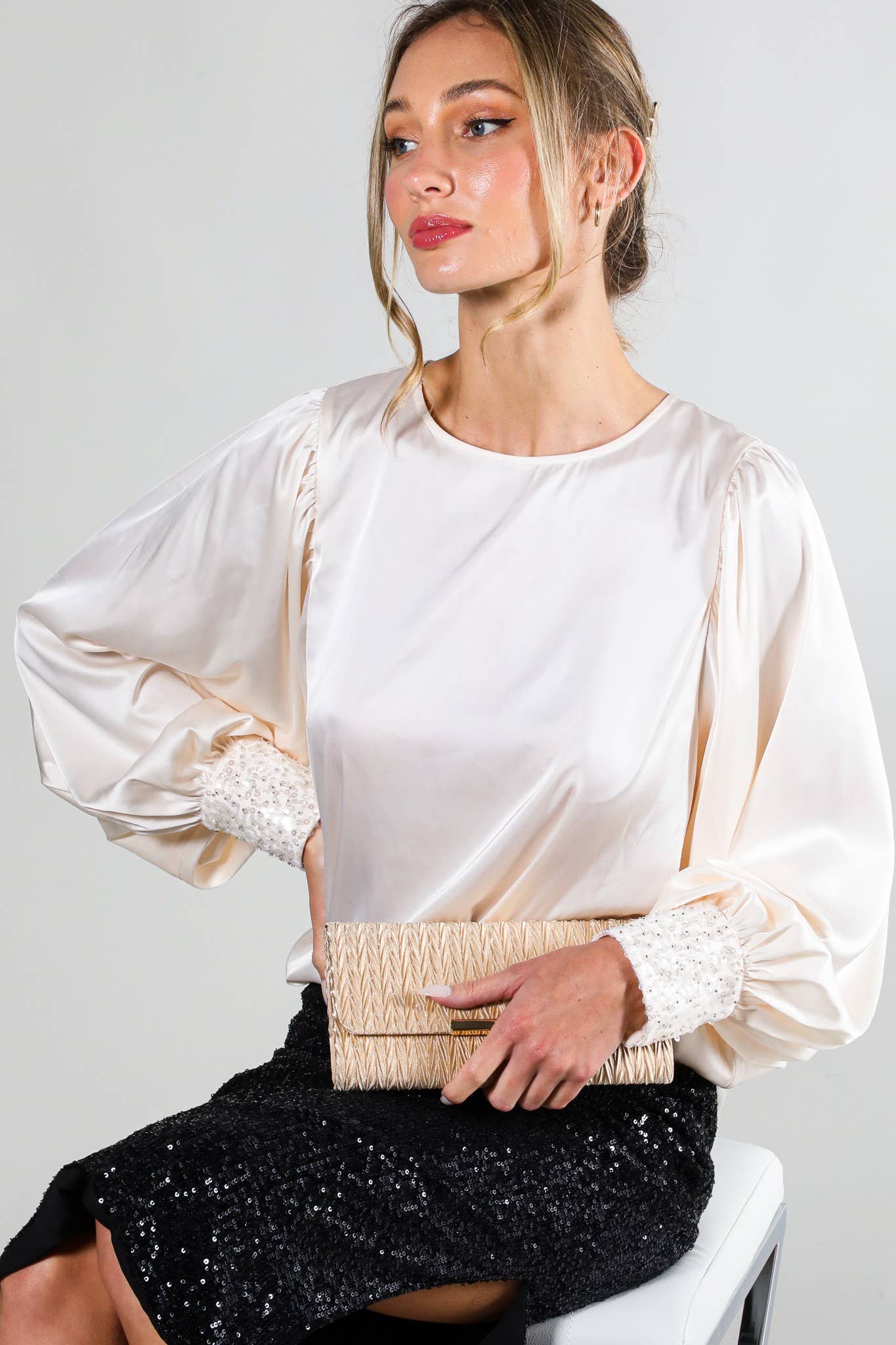 Sequin Cuff Accent Crew Neck Satin Blouse Top