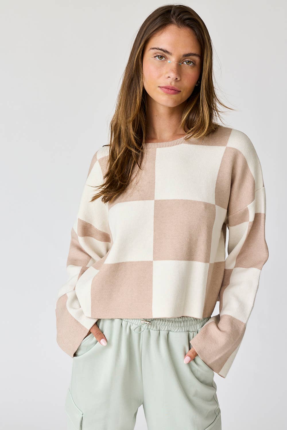 Sarah Round Neck Checkered LS Top