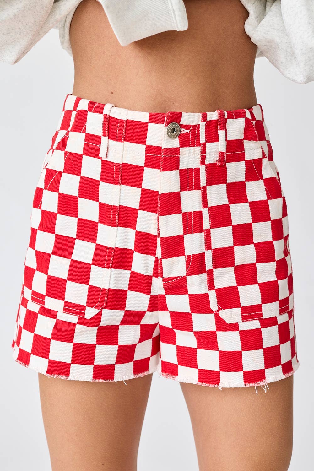 Red & White Checkerboard Frayed Hem Denim Shorts