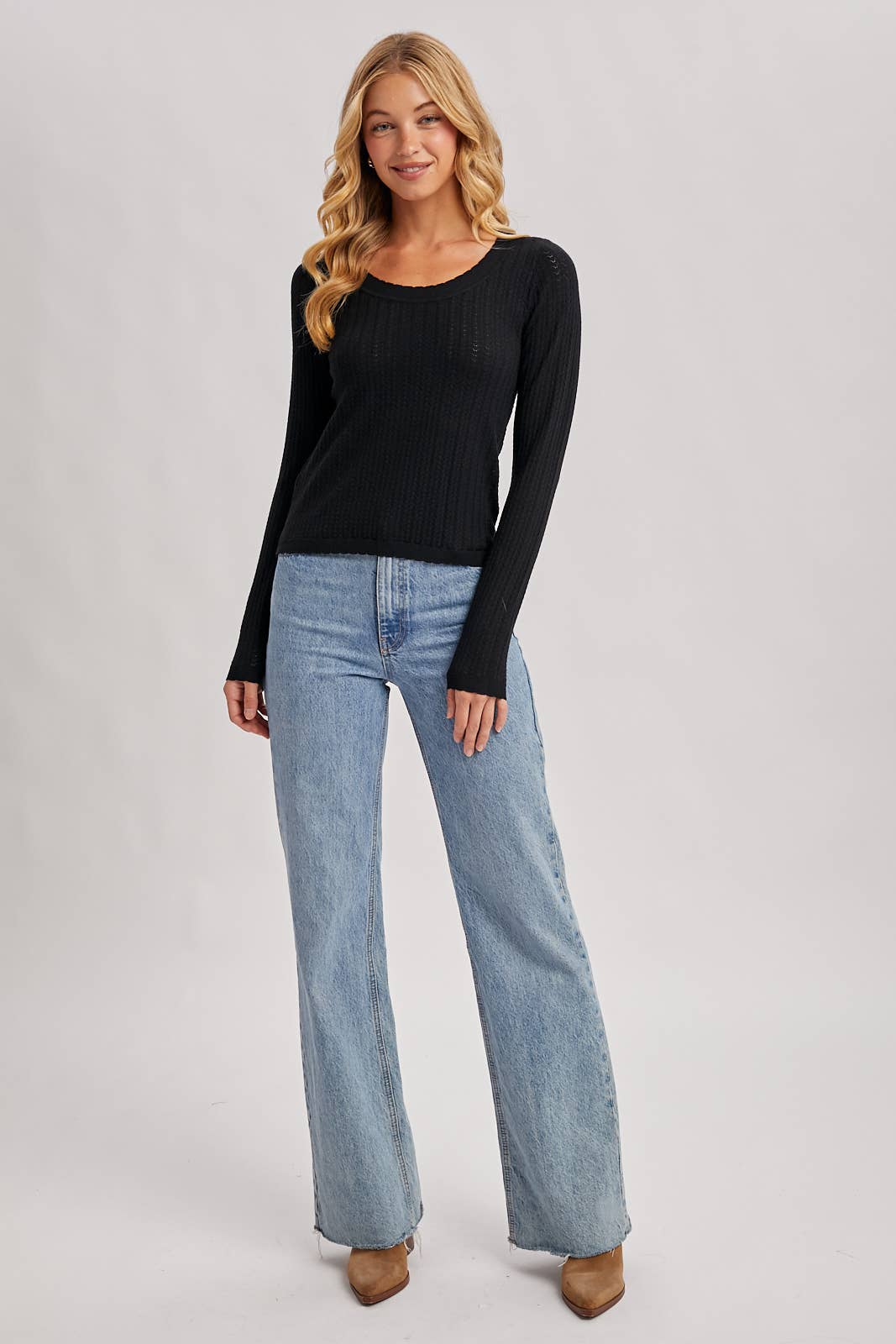 Long Sleeved Pointelle Knit Top
