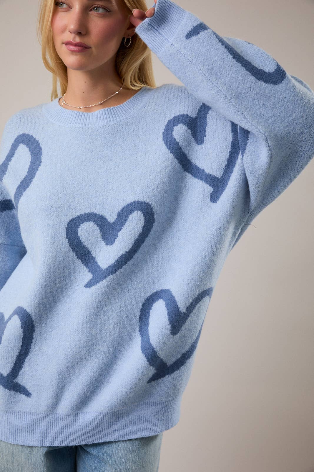 Long Sleeve Round Neck Heart Printed Sweater