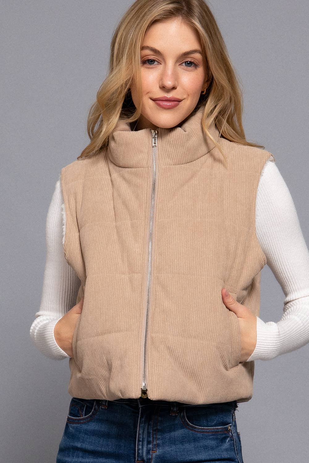 Inner Faux Fur Zip Up Corduroy Puffer Vest