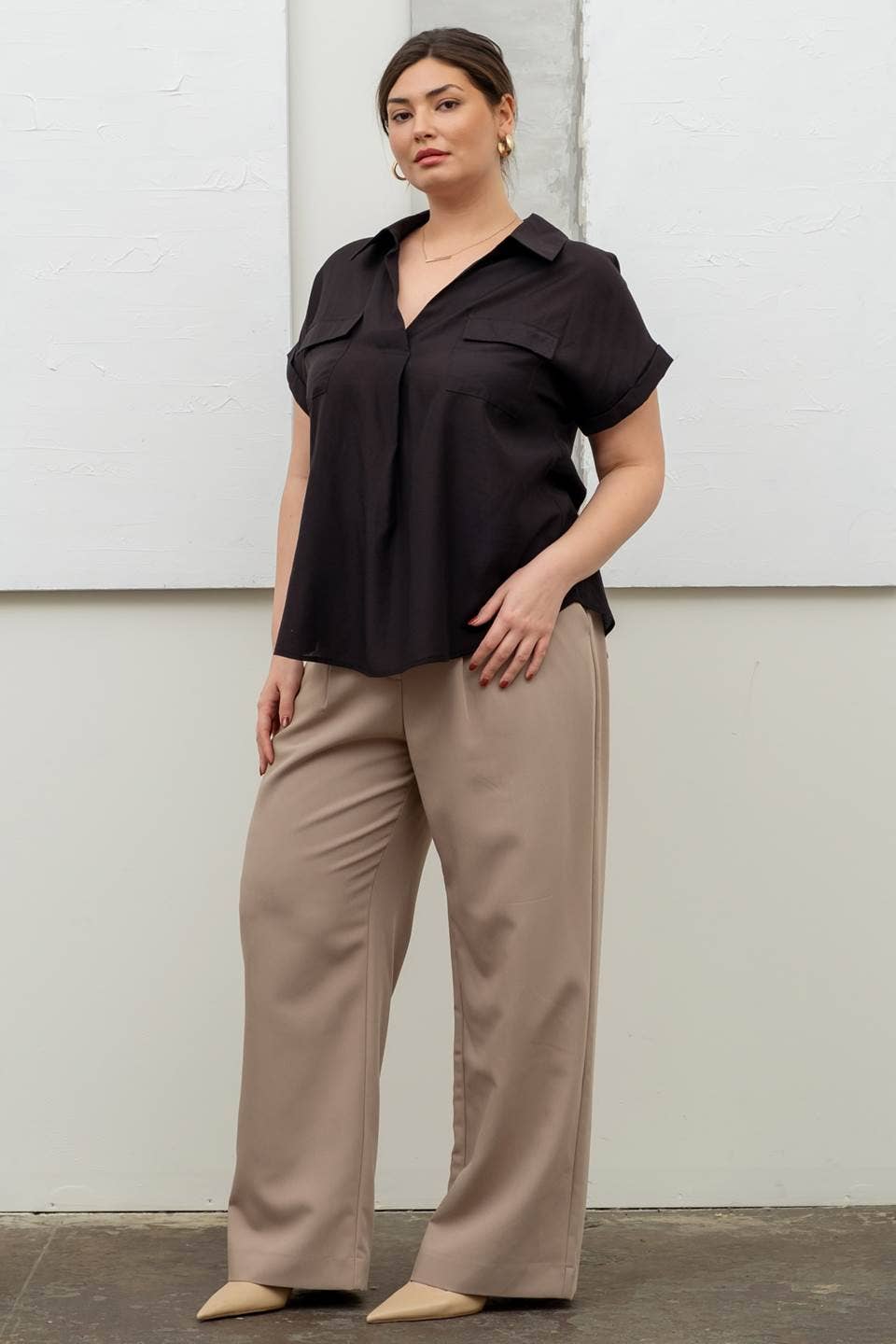 Plus Size Collared Split Neck Short Sleeve Shirt Top