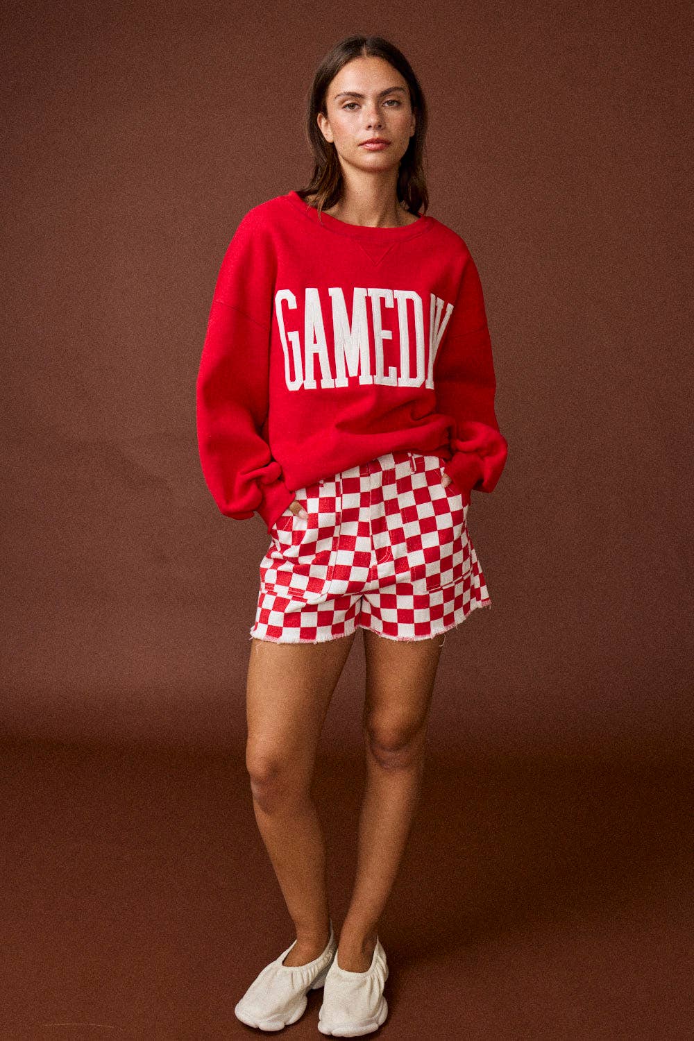 Red & White Checkerboard Frayed Hem Denim Shorts