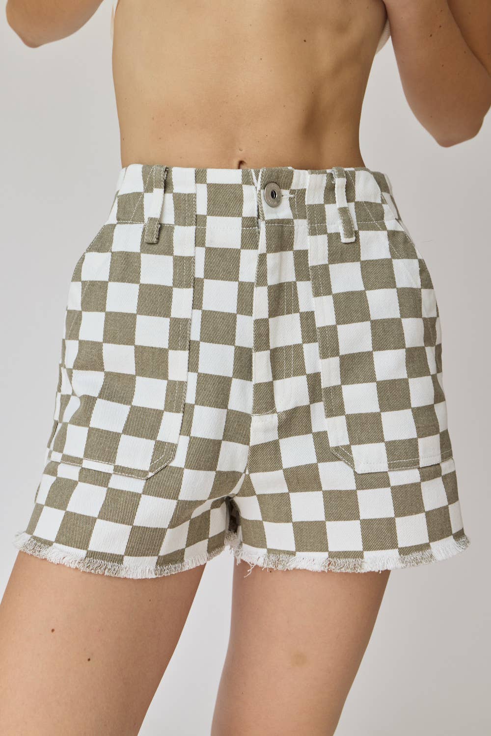 Red & White Checkerboard Frayed Hem Denim Shorts
