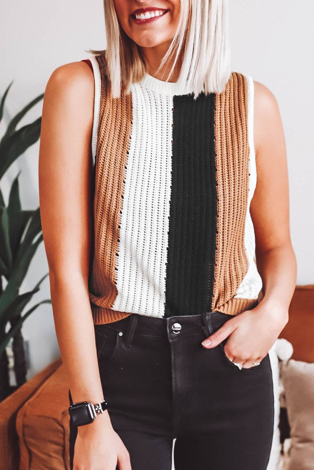 Stripe Sleeveless Sweater Knit Top