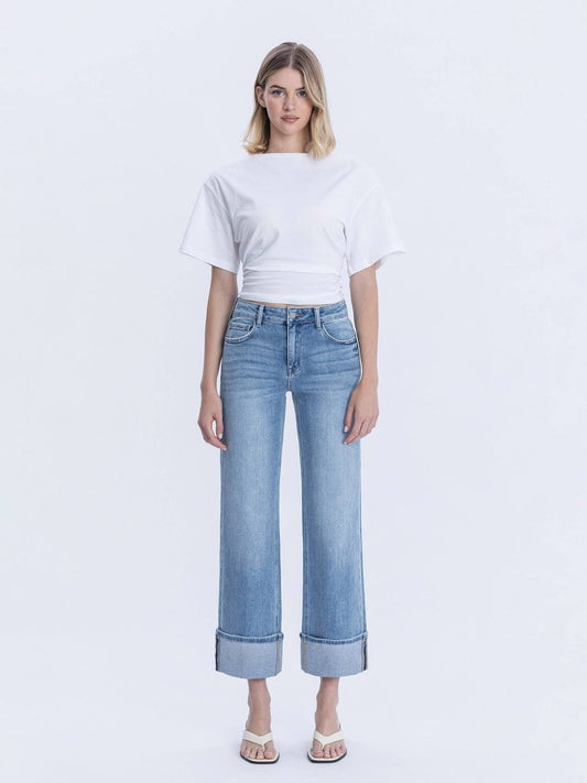 High Rise Medium Light Wash Cuffed Slim Wide Jeans