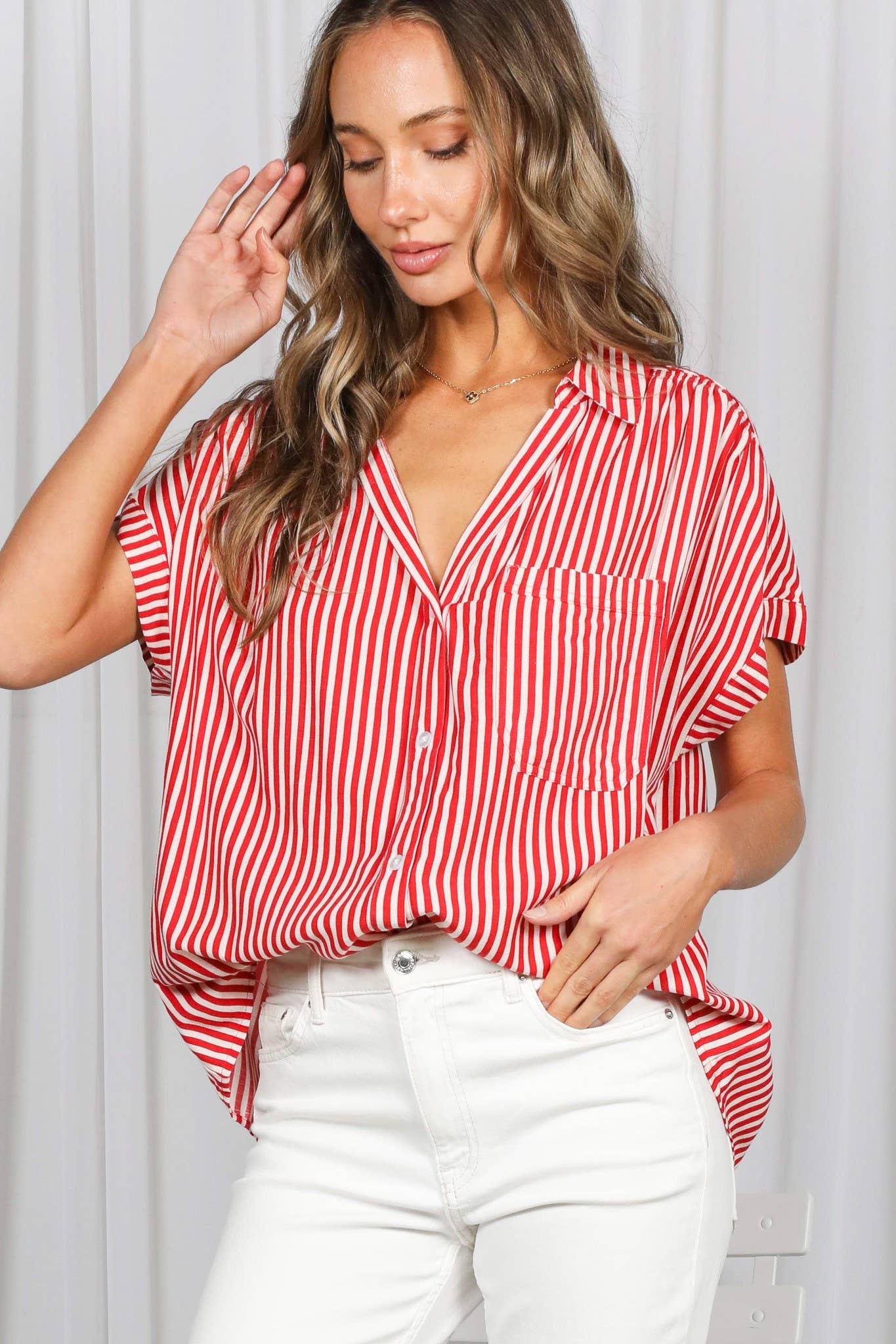 Red Striped Button Down Relaxed Shirt