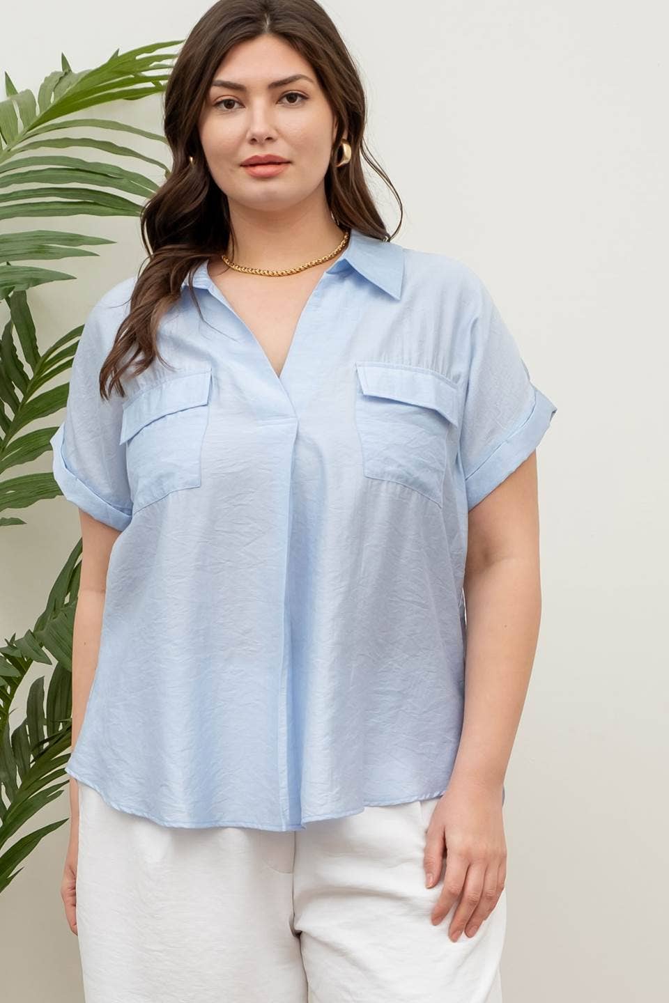 Plus Size Collared Split Neck Short Sleeve Shirt Top