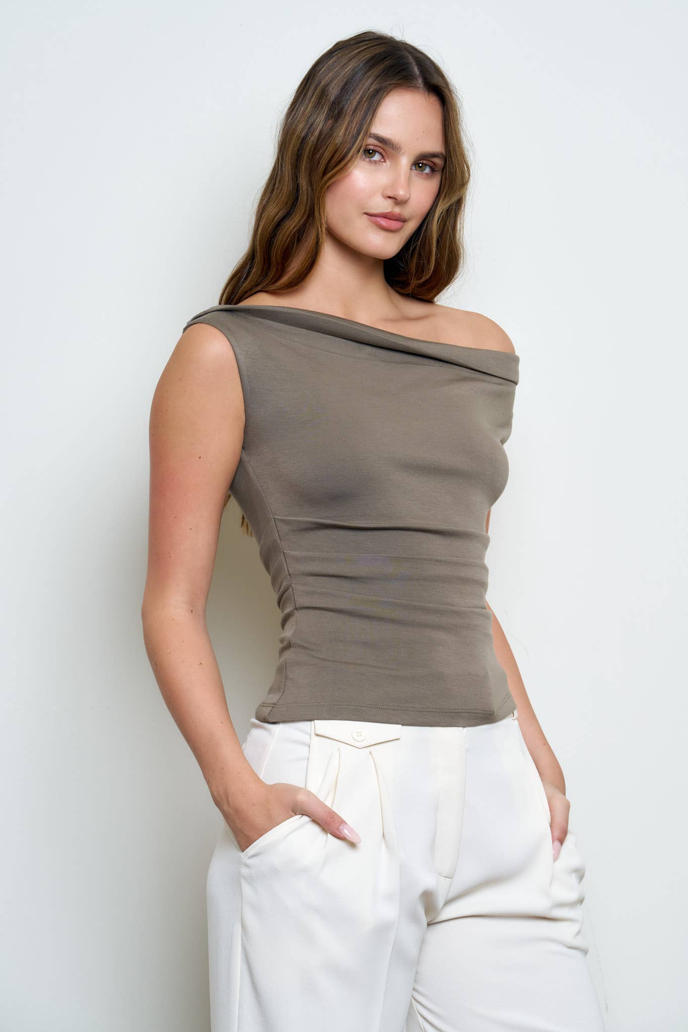 Olive Off-the-Shoulder Ruched Knit Top