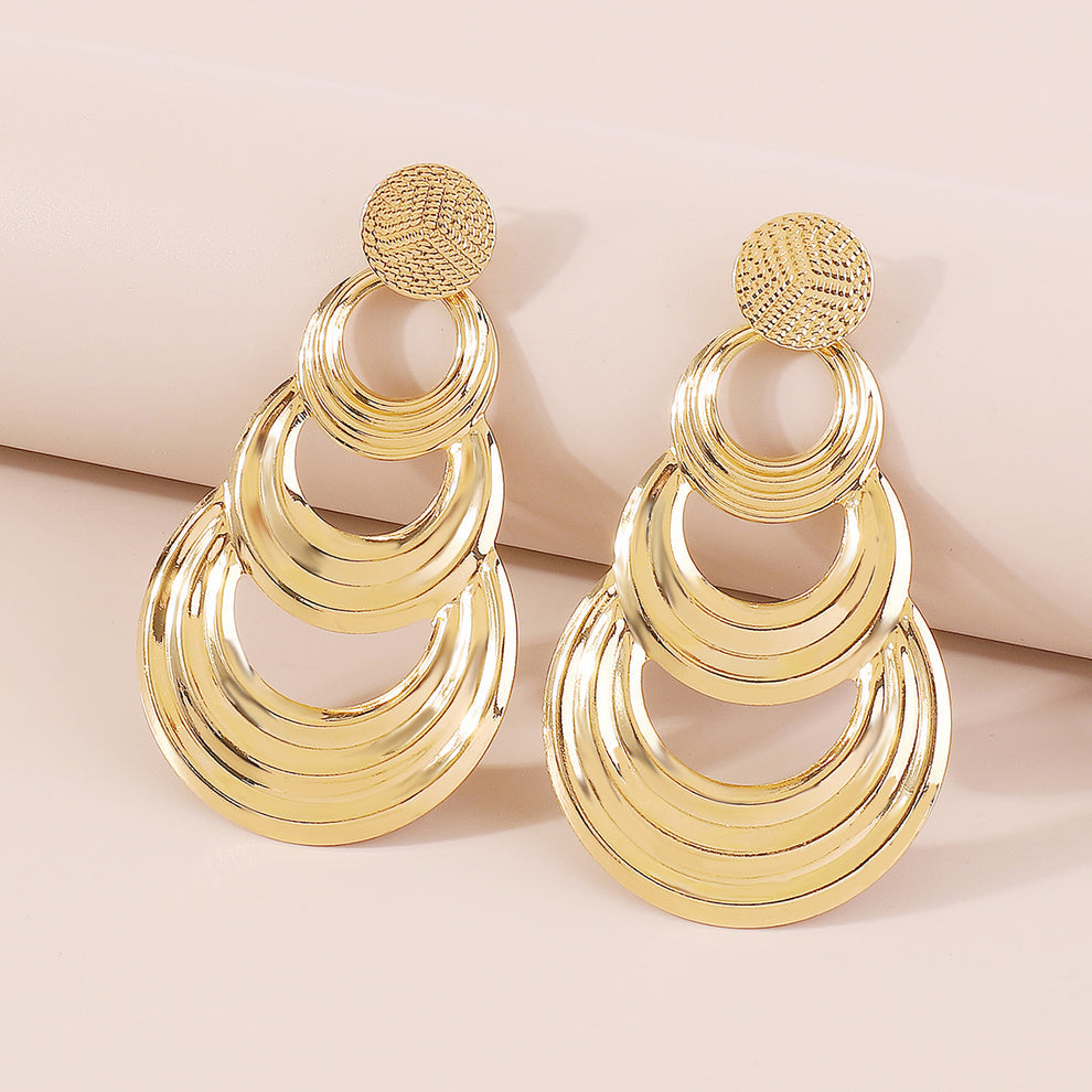 Layered Round Metal Drop Earrings