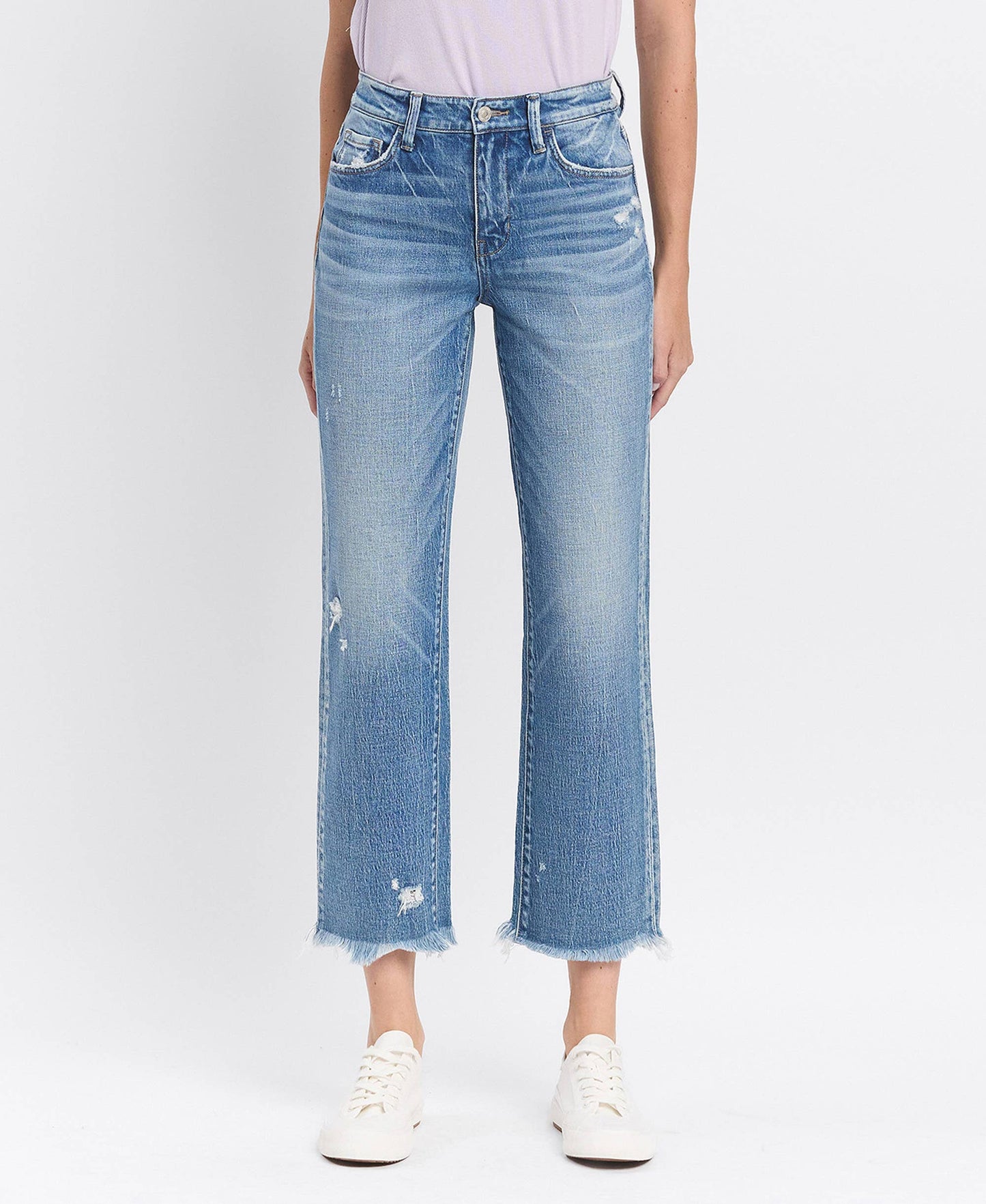 High Rise Frayed Hem Straight Jeans