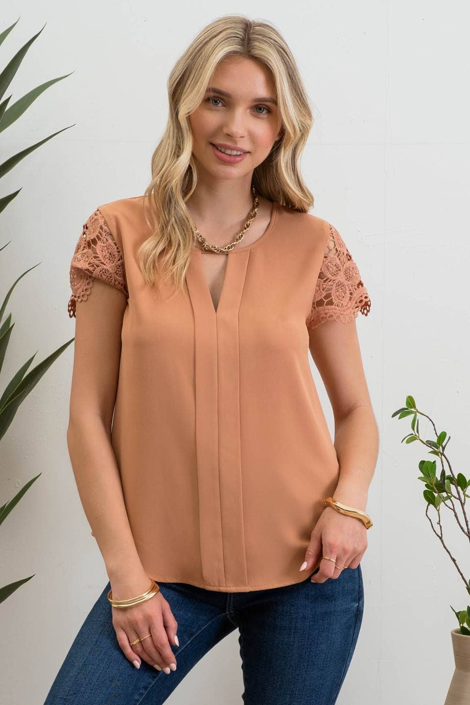 Keyhole Eyelet Lace Sleeve Blouse