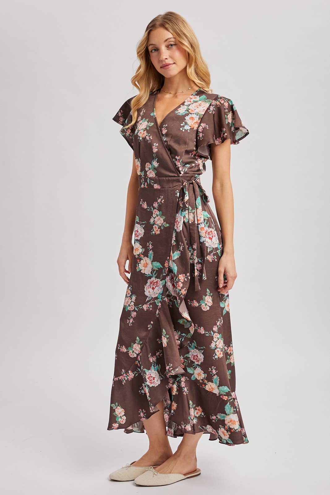 Floral Print Ruffled Wrap Maxi Dress