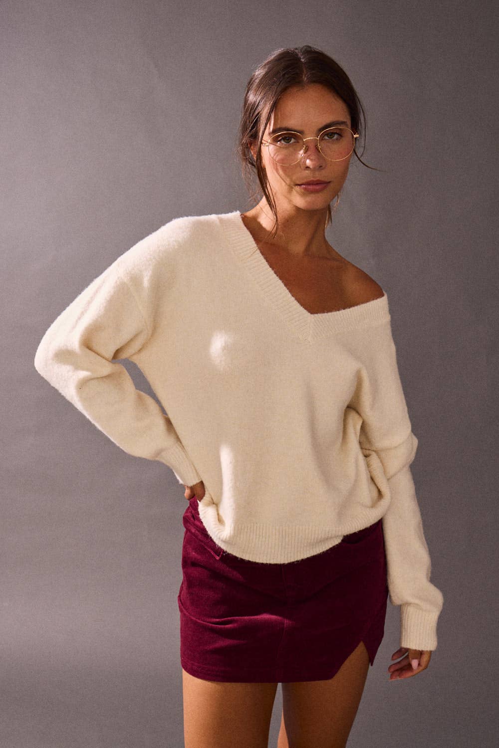 Brushed Knit V-Neck Long Sleeve Pullover
