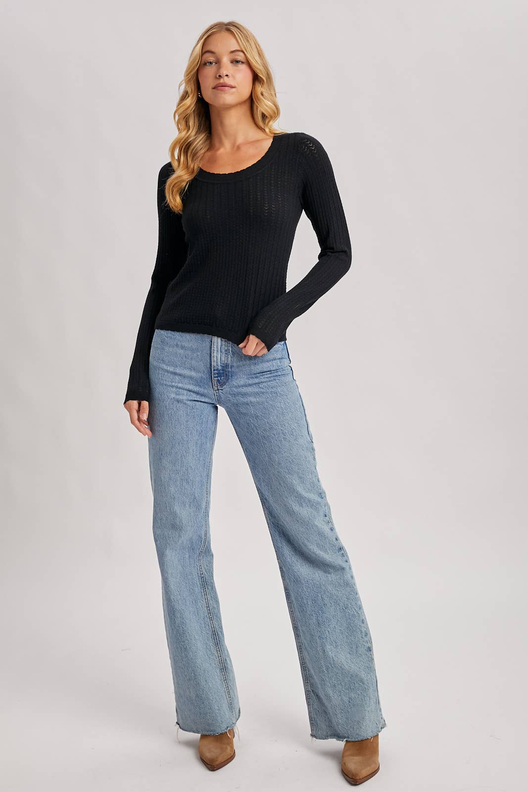 Long Sleeved Pointelle Knit Top
