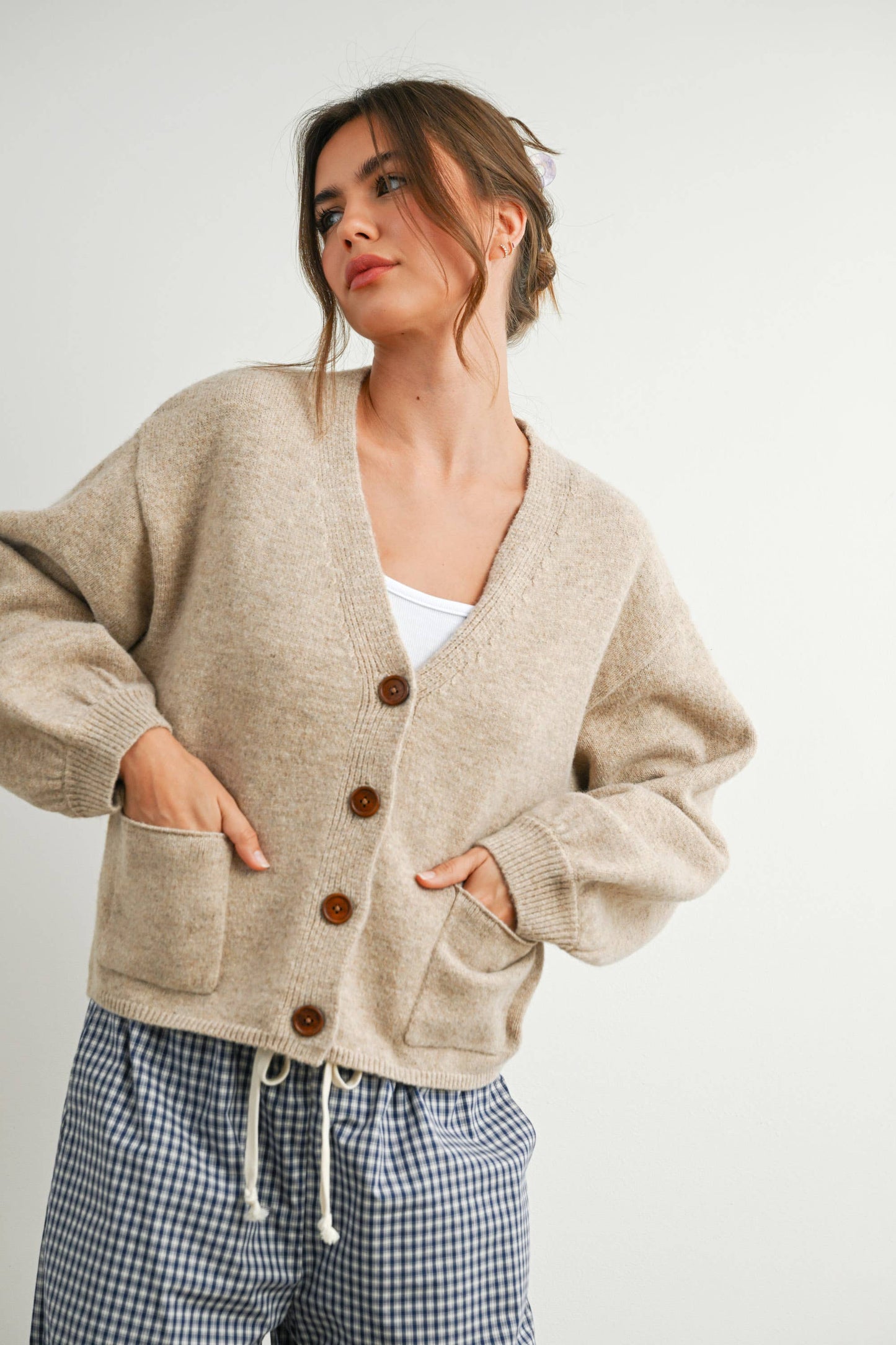 V-Neck Cuff Button-Up Long Sleeve Top
