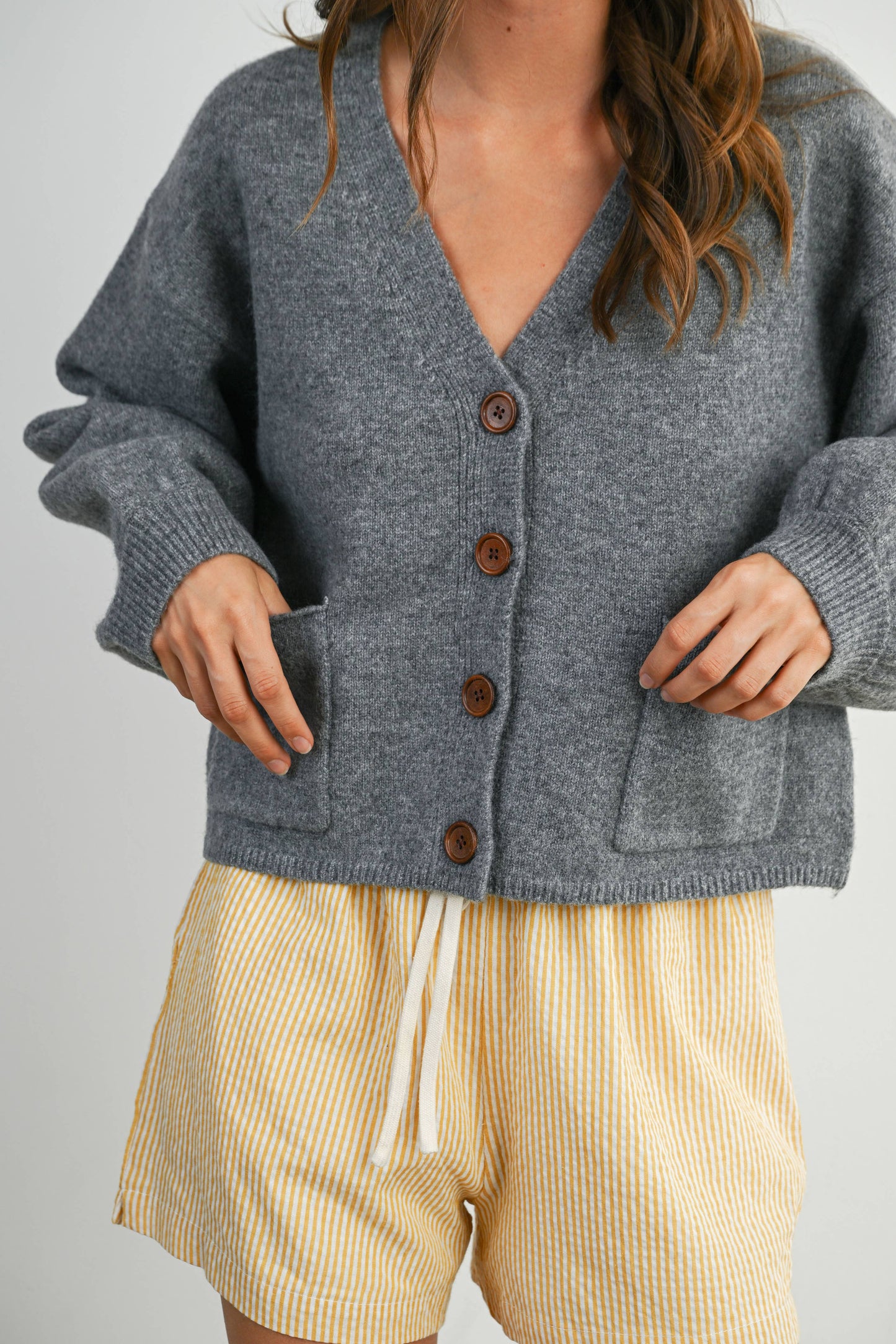 V-Neck Cuff Button-Up Long Sleeve Top