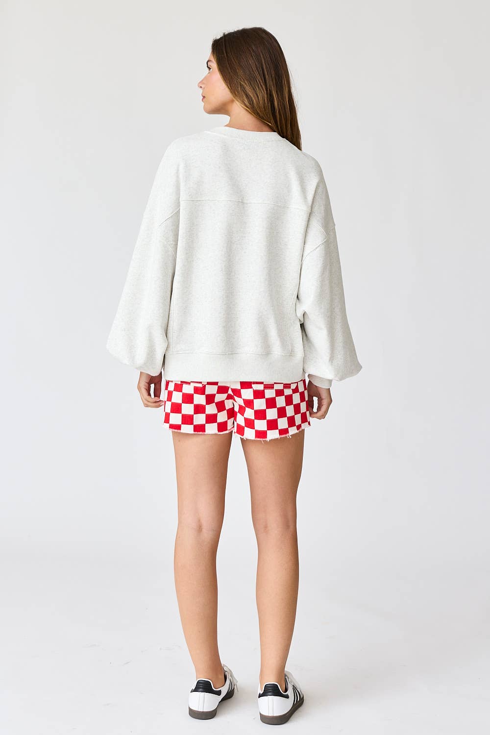 Red & White Checkerboard Frayed Hem Denim Shorts