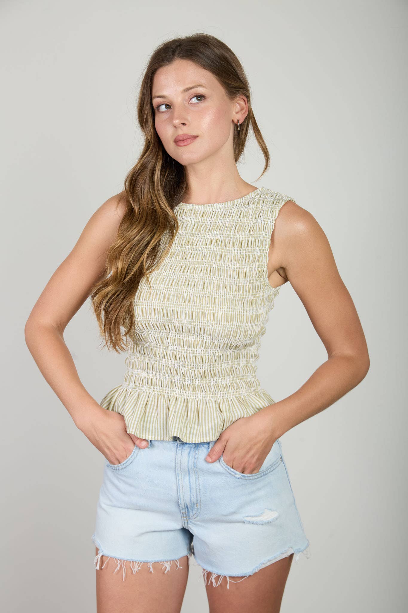 Light Blue Smocked Stripe Top