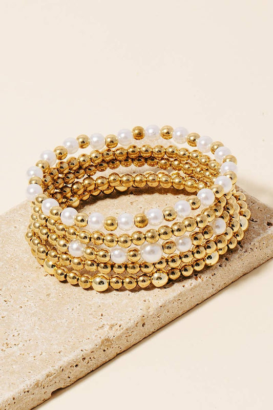Mixed Pearl And Metallic Beaded Bracelet Set