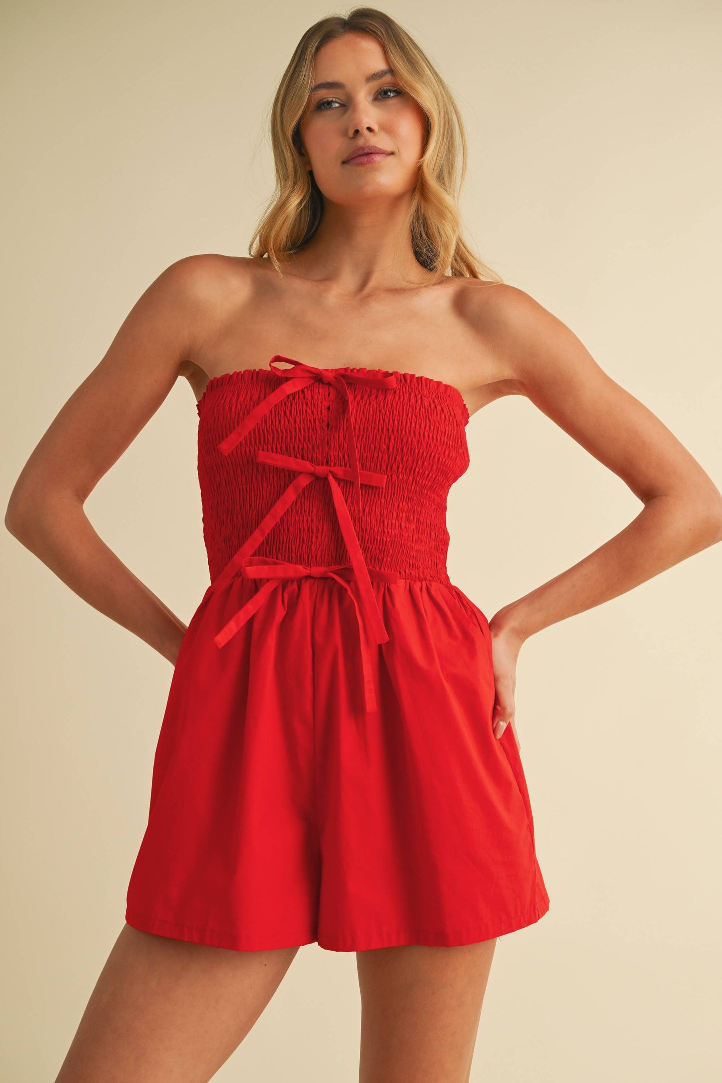 Strapless Smocked Bow Detailed Romper