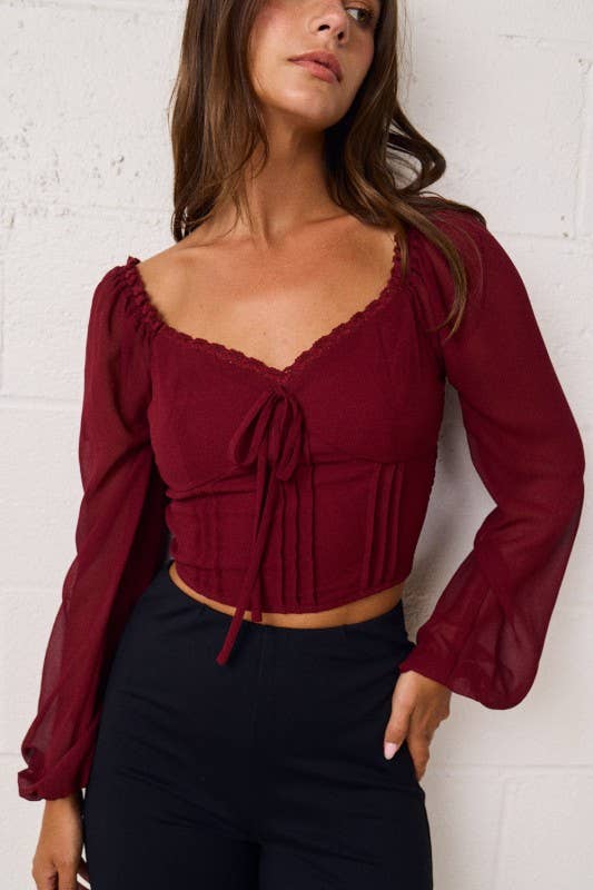 Romantic Sheer Sleeve Top With Sweetheart Neckline