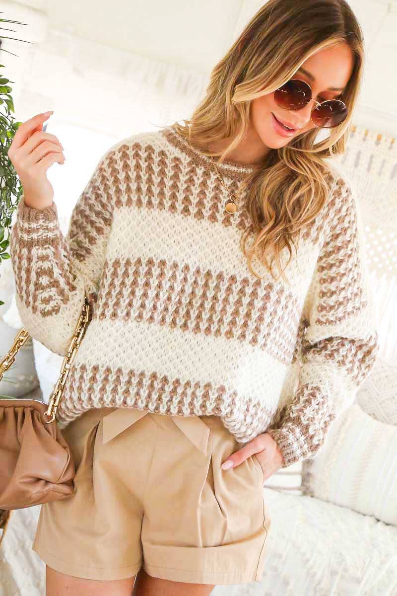 Crew Neck Color Blocked Knitted Sweater Top