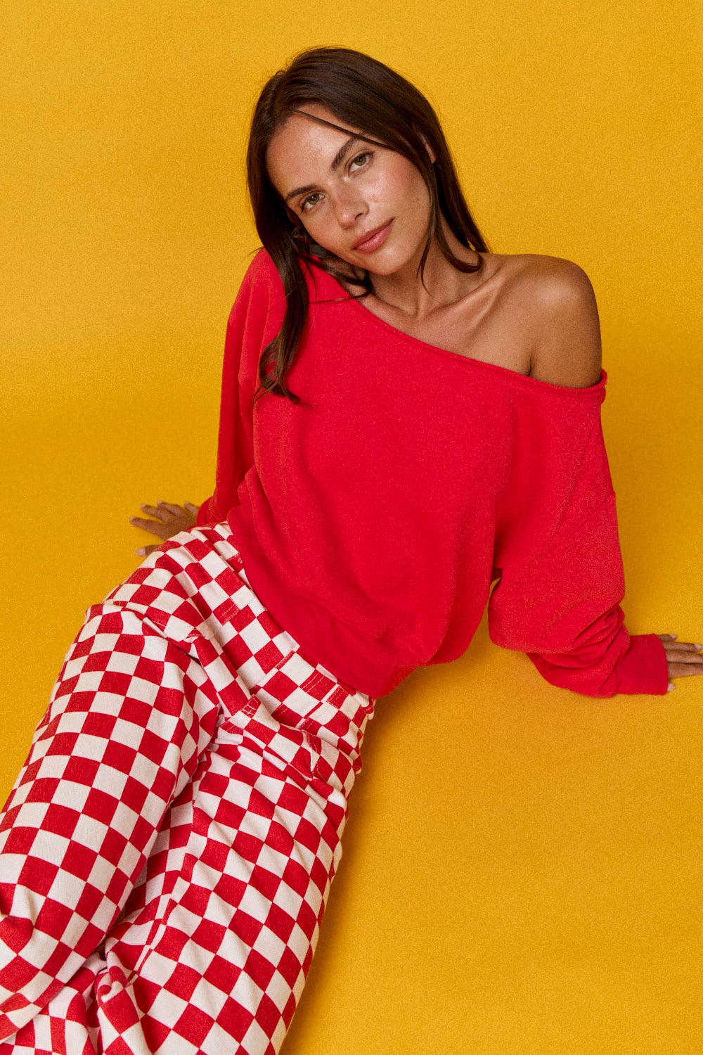 Red Off-the-Shoulder Cropped Fleece Pullover