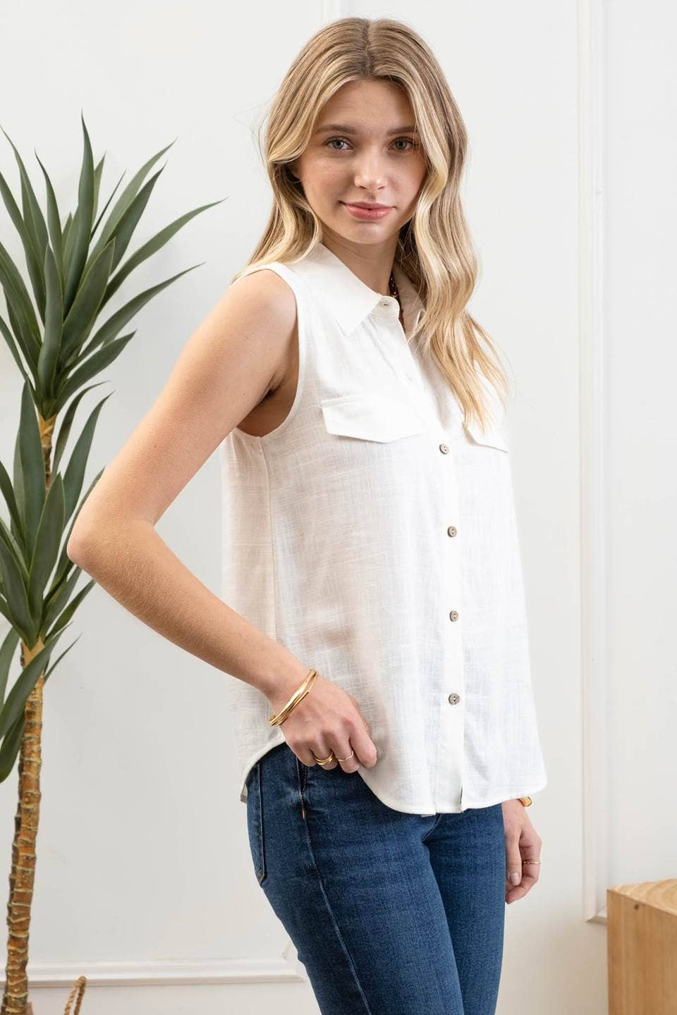 Collared Button Down Sleeveless Shirt