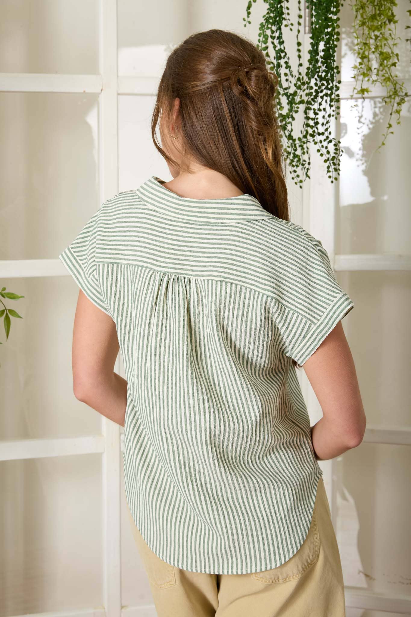 Stripe Collared Short Sleeve Top