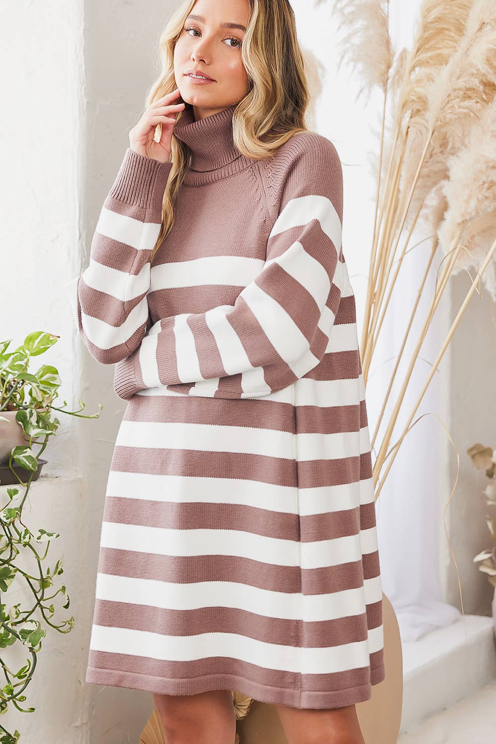 Striped Turtle Neck Knit Sweater Dress