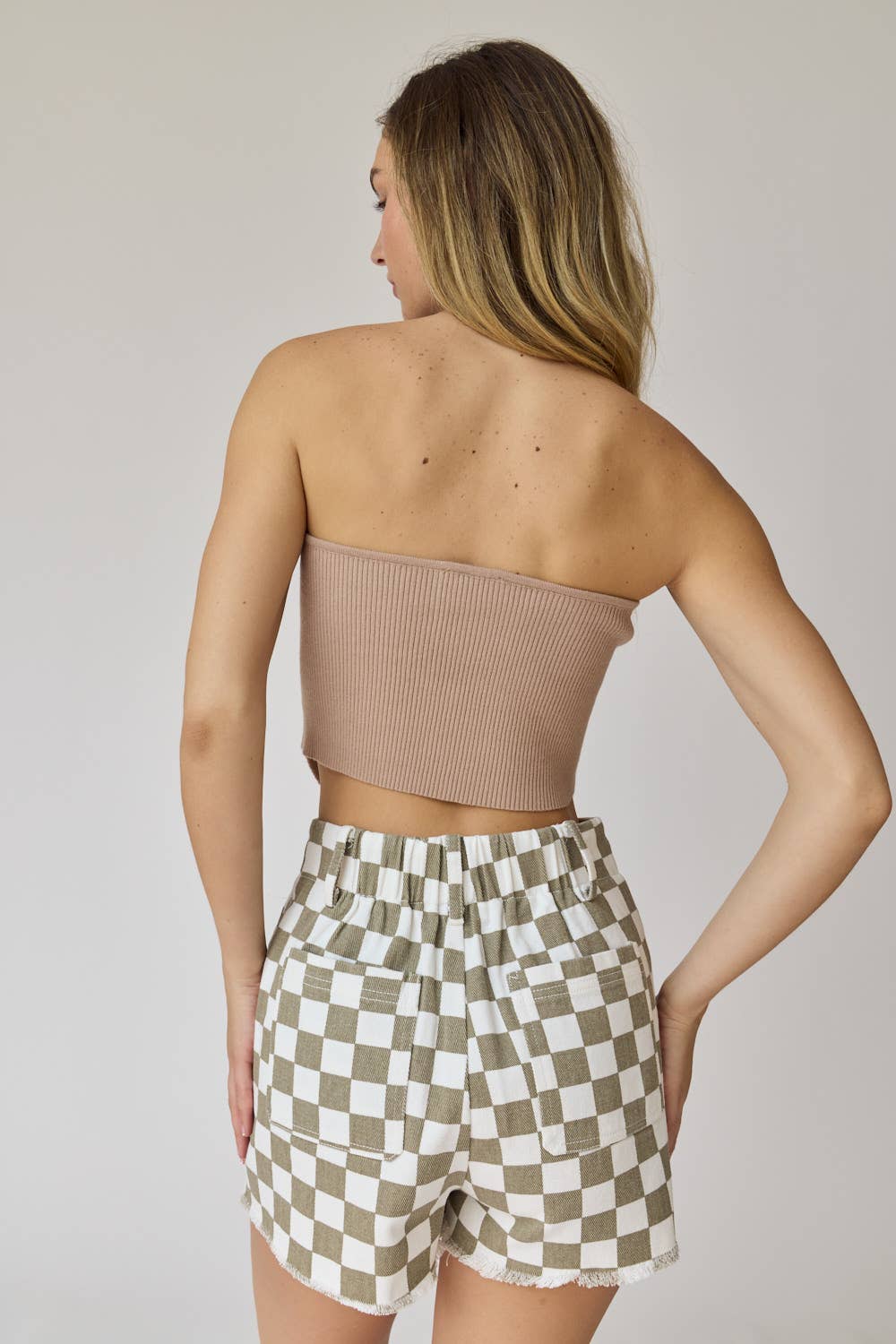 Red & White Checkerboard Frayed Hem Denim Shorts