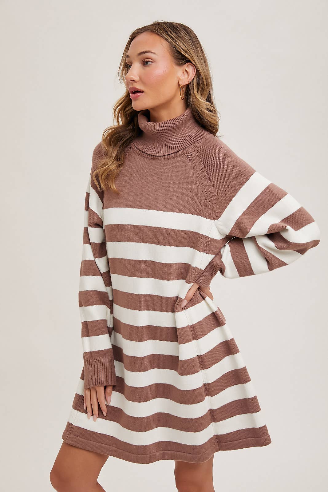 Striped Turtle Neck Knit Sweater Dress