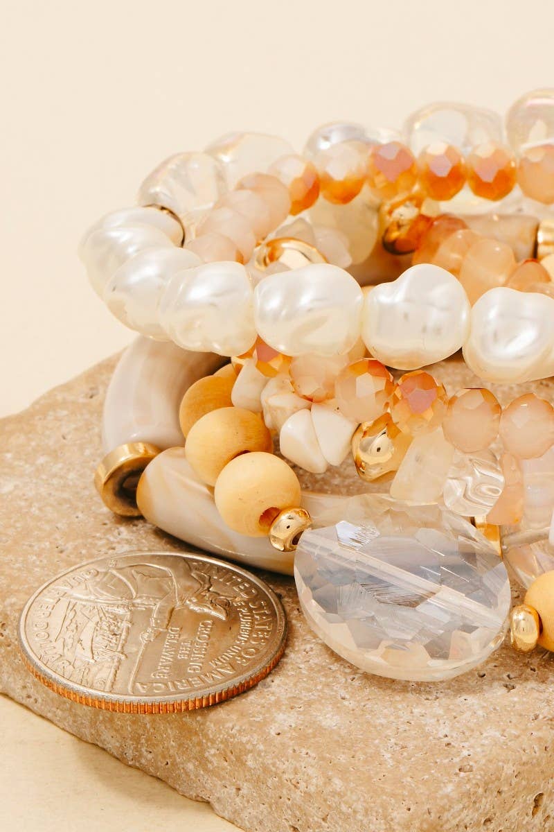 Pearl Stone And Wood Beaded Bracelet Set