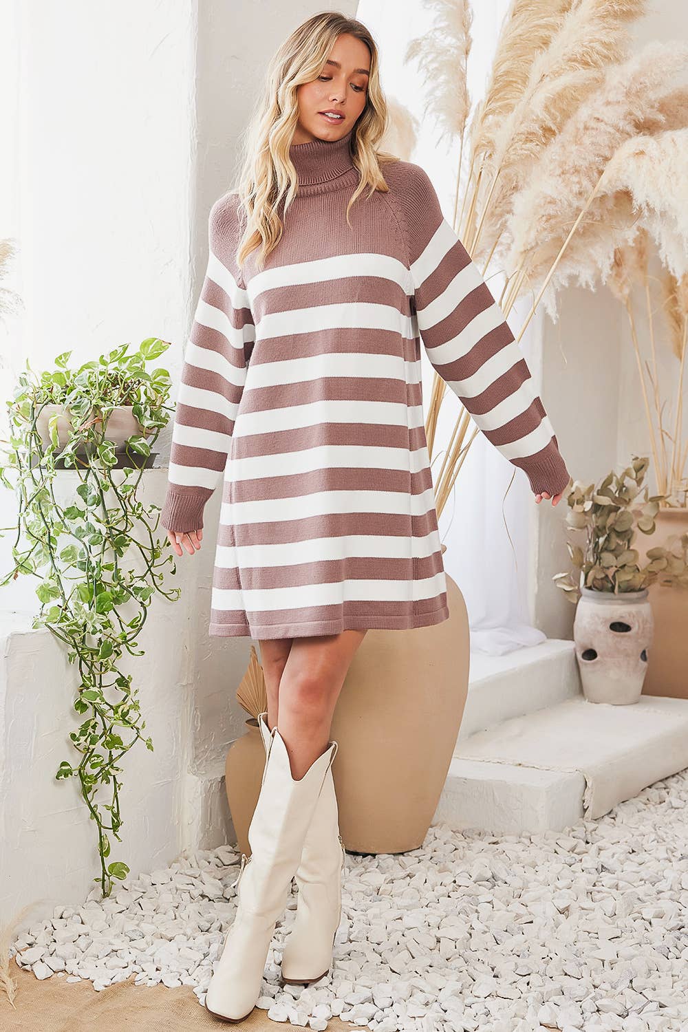 Striped Turtle Neck Knit Sweater Dress