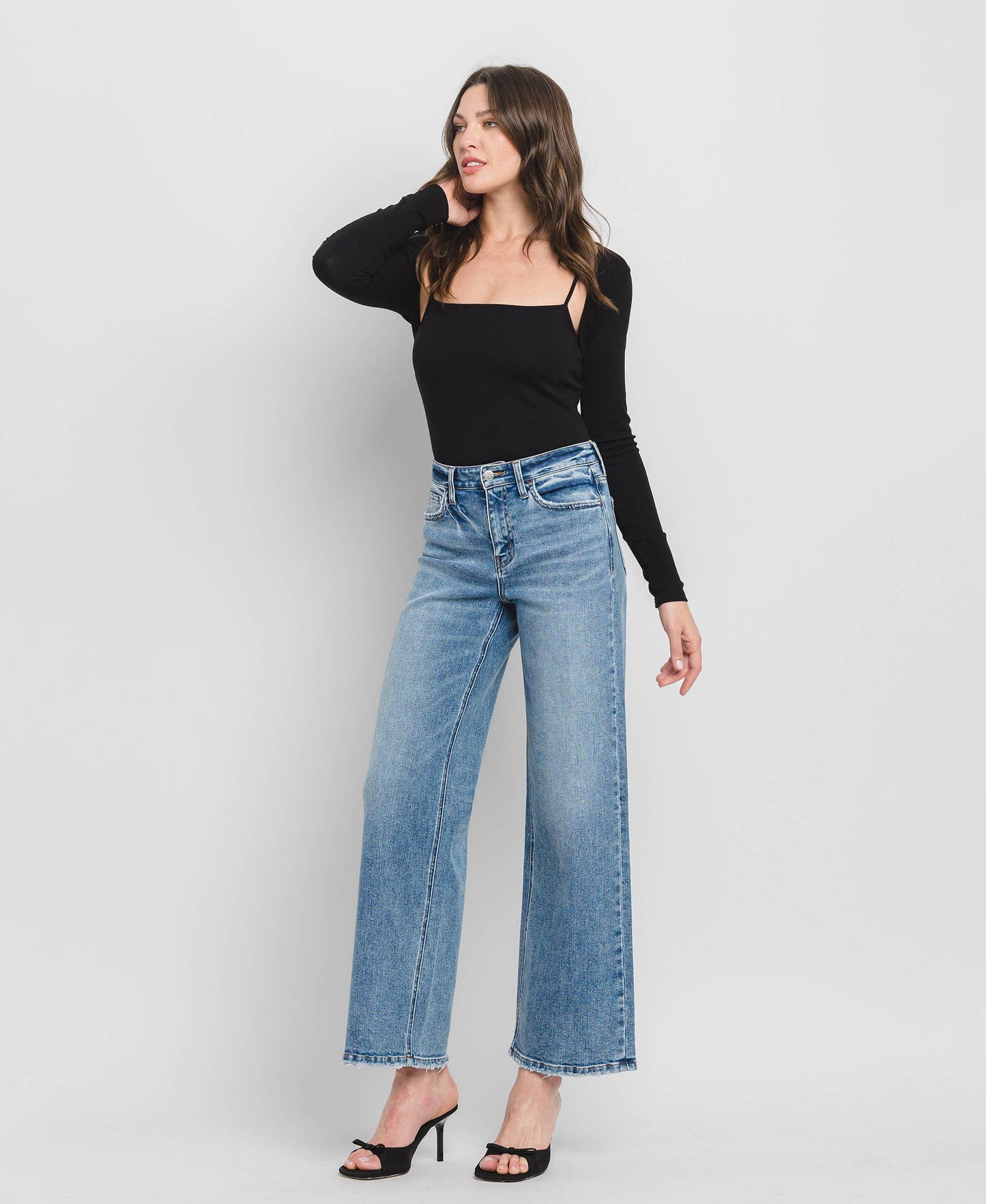High Rise Medium Wash Full-Length Wide Leg Jeans